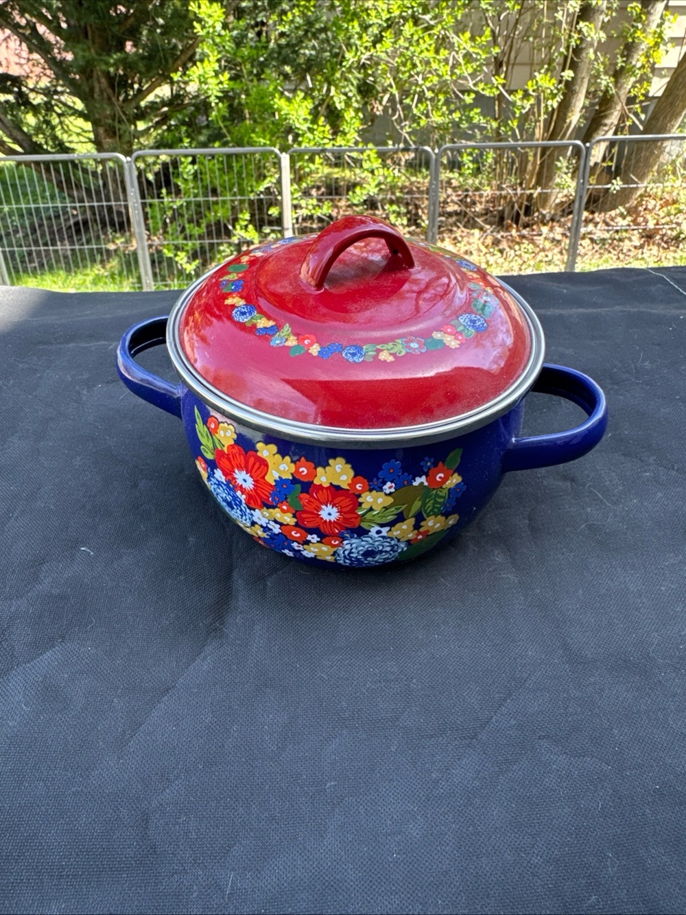 Pioneer Woman Dazzling Dahlias 1 Qt. Mini Dutch Oven Enamel on Steel Pot Blue